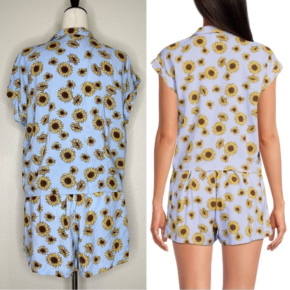No Boundaries Blue Sunflower Tie Front Shirt & Short Set - Picture 7 of 13